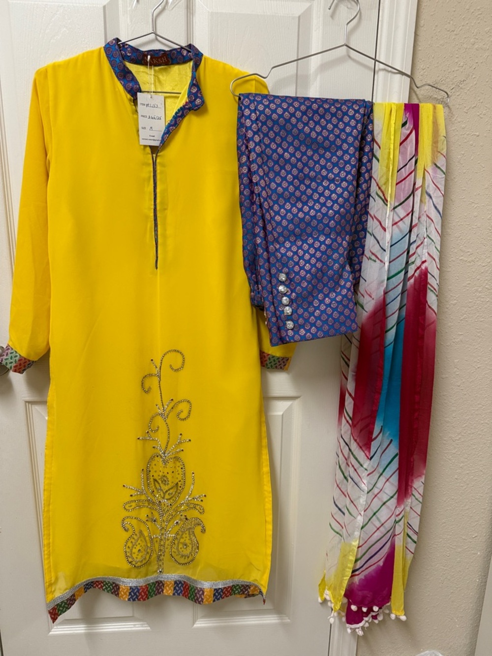 NWT Pakistani haldi Bright Yellow Embellished Kurta Set with Printed Dupatta